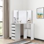 Weißer ML-Design Eckschminktisch mit 3 Spiegeln, 5 Schubladen und Ablagefächern.
