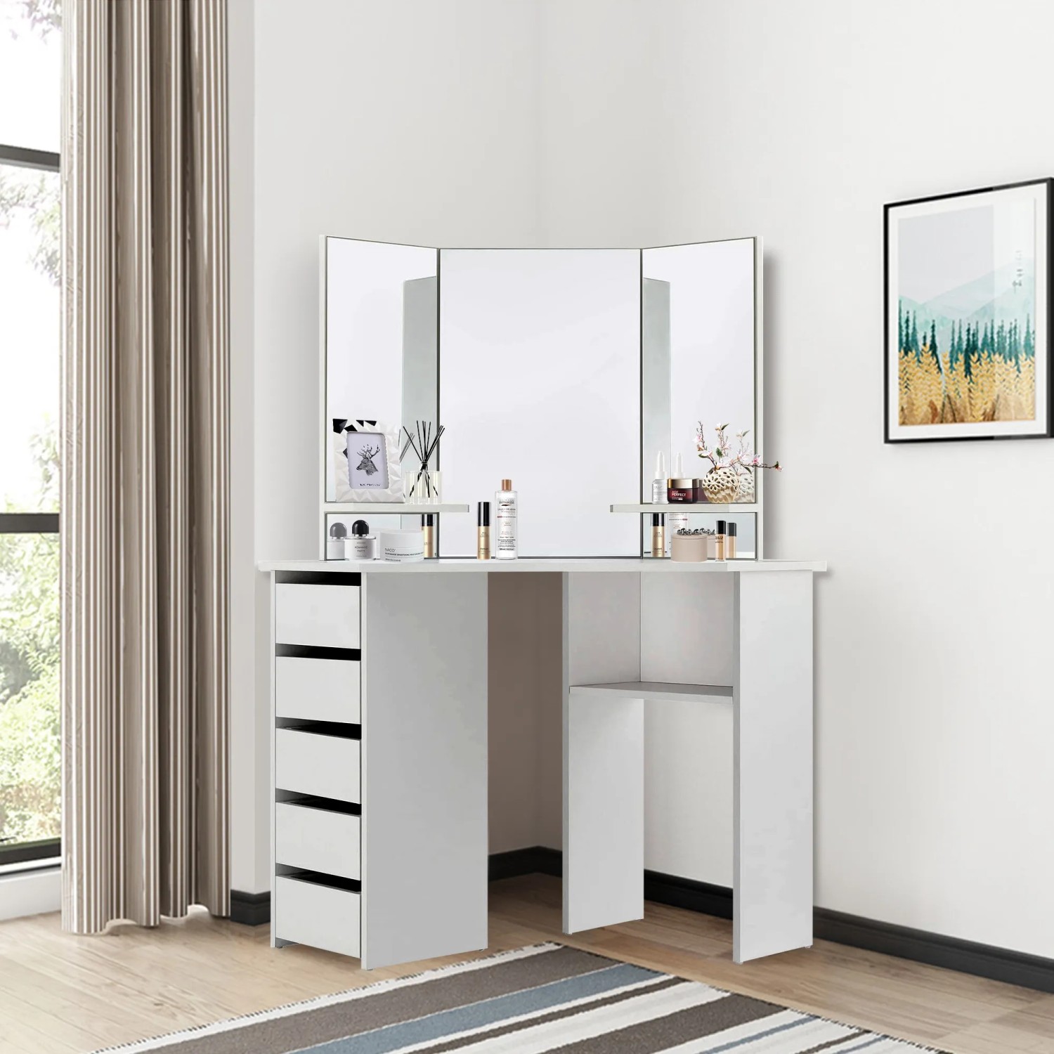 Weißer ML-Design Eckschminktisch mit 3 Spiegeln, 5 Schubladen und Ablagefächern.
