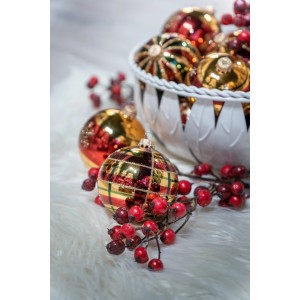 Weihnachtskugeln Xmas Night Caro 3er-Set (8cm) von Krebs Glas Lauscha in Gold, Rot und Grün mit Karomuster.