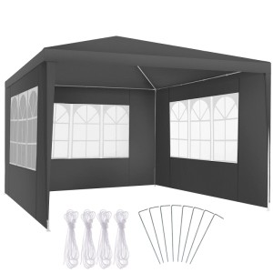 Grauer Tectake Pavillon Barinas 3x3 m mit abnehmbaren Seitenteilen, inklusive Heringe und Seile.