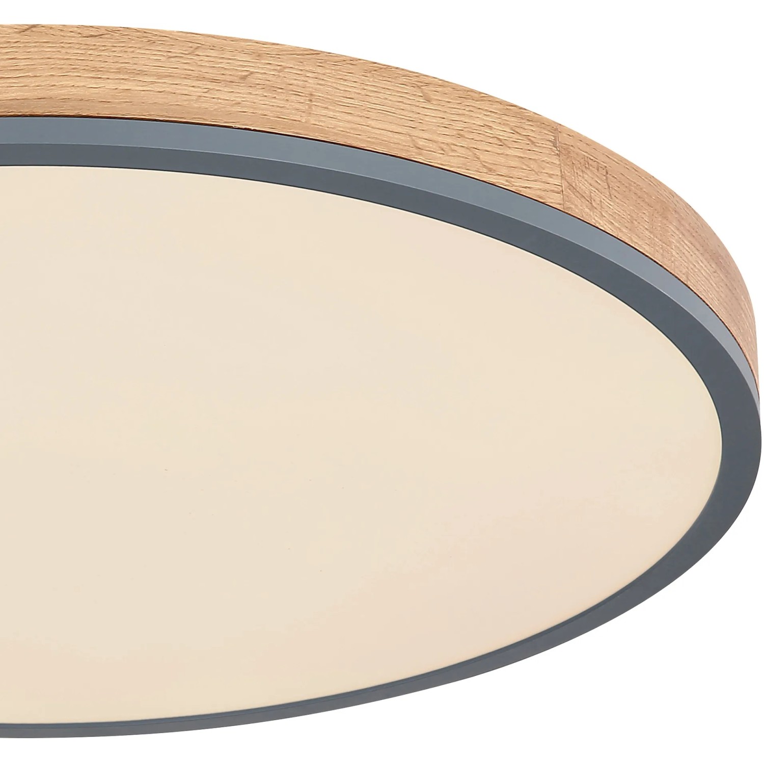 Runde LED-Deckenleuchte Doro, graphitfarben mit Holzoptik, dimmbar und mit Fernbedienung.