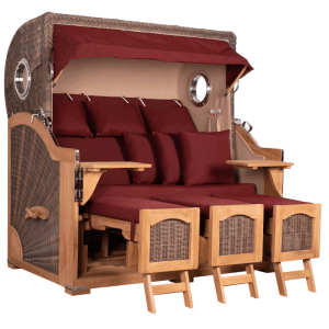 XXL Strandkorb Rantum Grande aus Teakholz mit Bullaugen und grauem PE-Geflecht, Dessin 550.