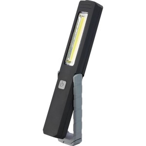 Schwarze Work Line LED Arbeitsleuchte mit grauem Griff und Standfuß. Taschenlampe für Werkstatt und Baustelle.