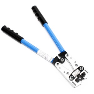 Wiltec Crimpzange mit blauen Griffen für Kabelschuhe 6-50 mm². Robuste Presszange für präzise elektrische Verbindungen.
