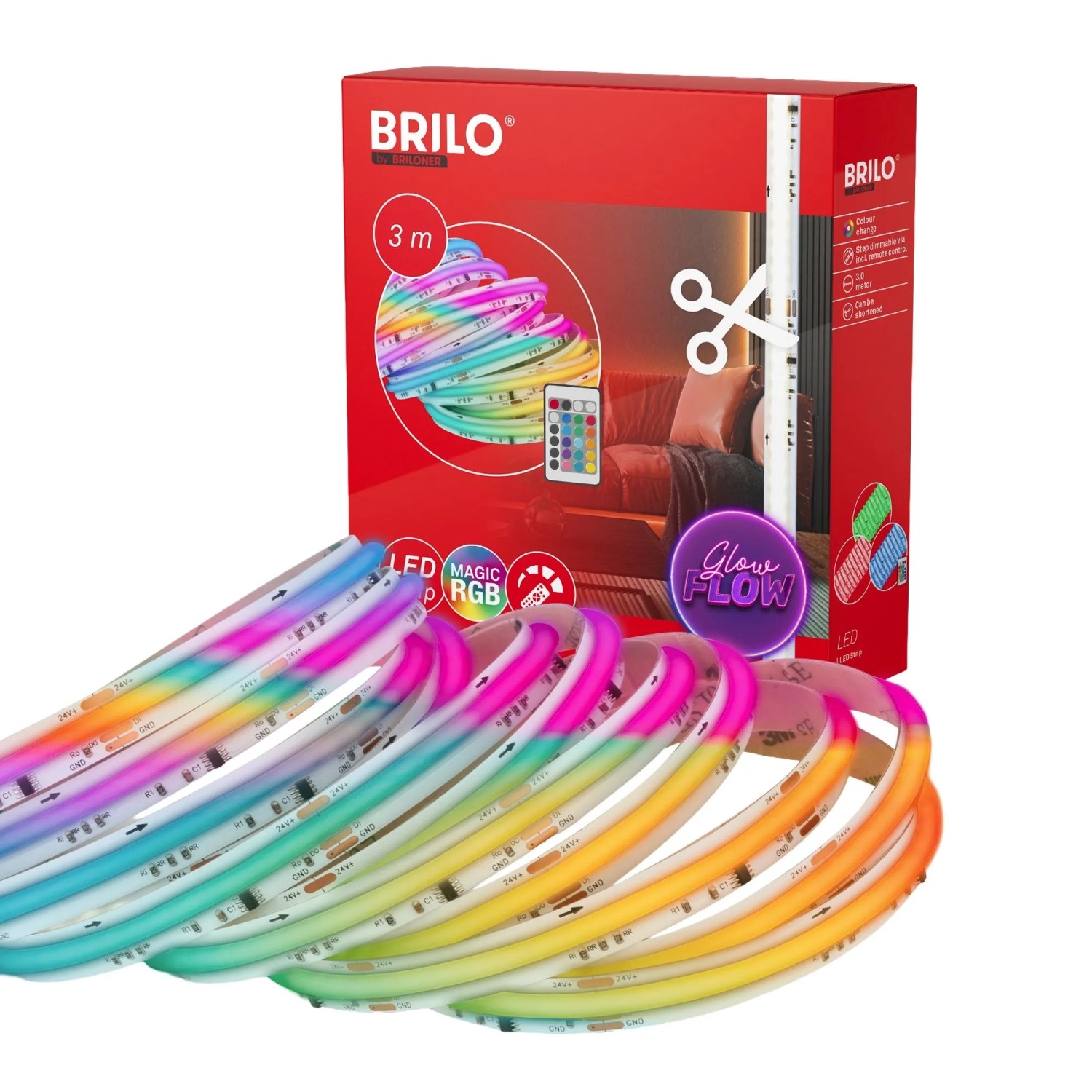 Brilo LED-Strip mit Fernbedienung COB RGBIC Farbmodi Kürzbar Selbstklebend 3 m