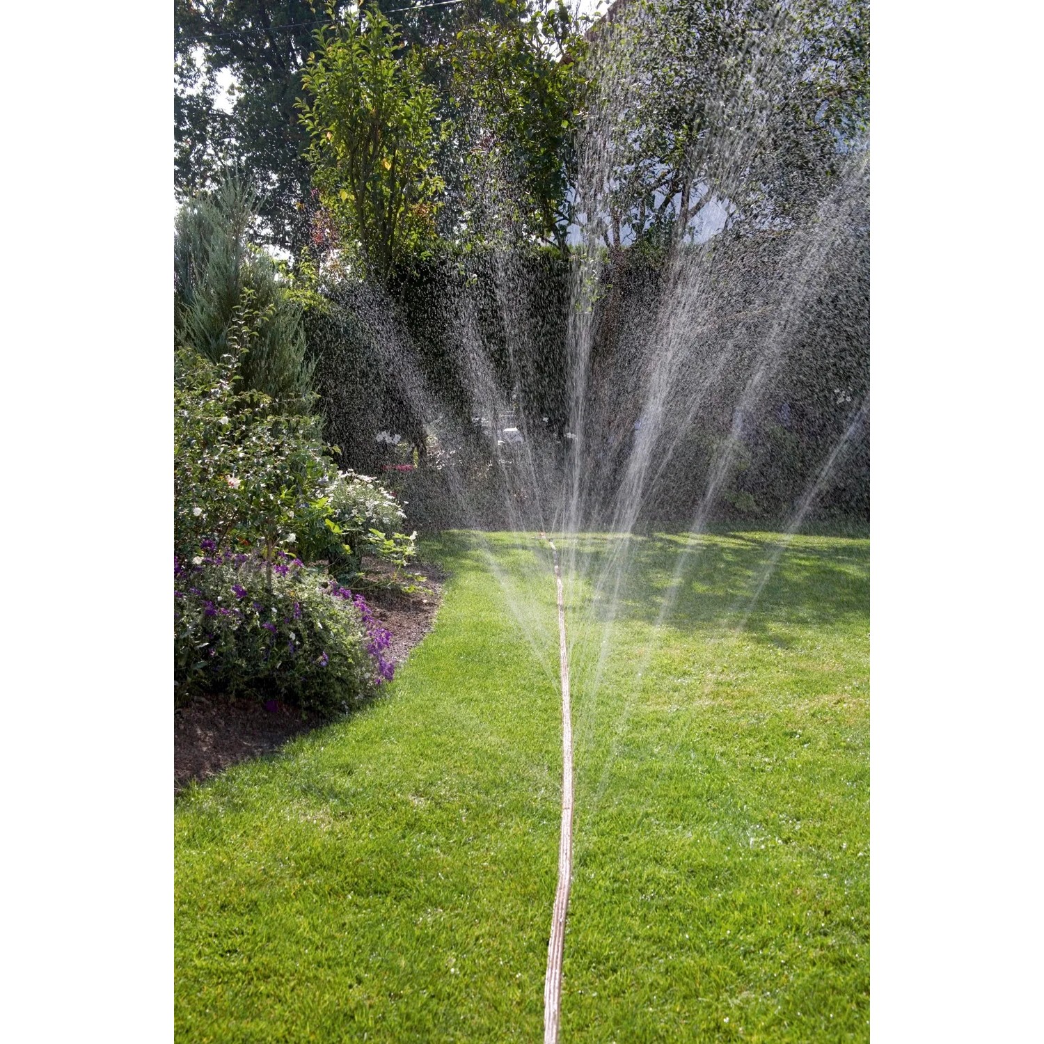Gardena Schlauchregner 15m in Orange bewässert Rasenfläche im Garten.