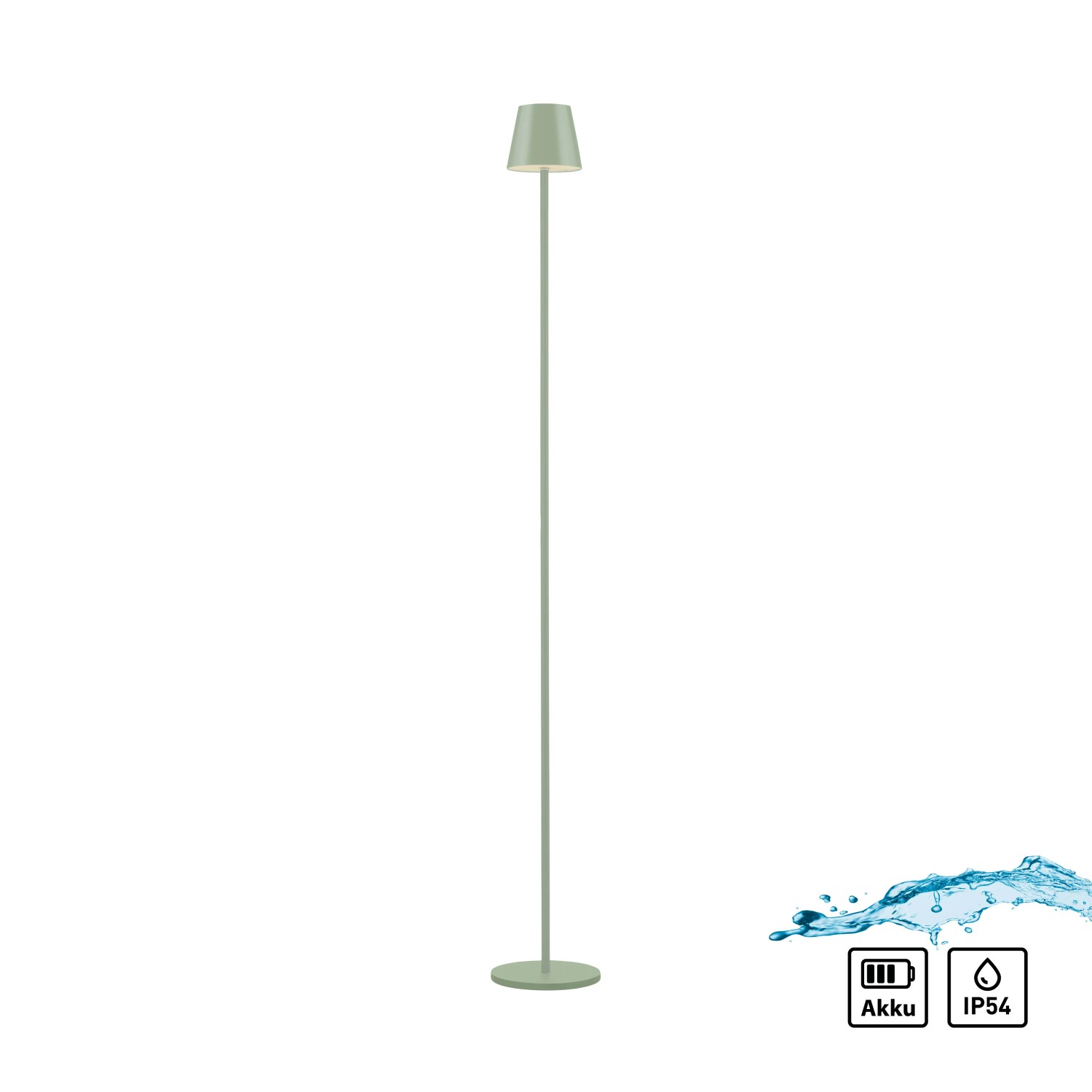 Grüne LED-Akku-Stehleuchte Euria, 125 cm hoch, für Innen und Außen. Dekoleuchte mit Touchdimmer.