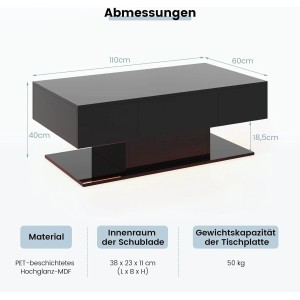 Schwarzer Costway Couchtisch mit LED-Beleuchtung und Schubladen, Detailansicht der Abmessungen.