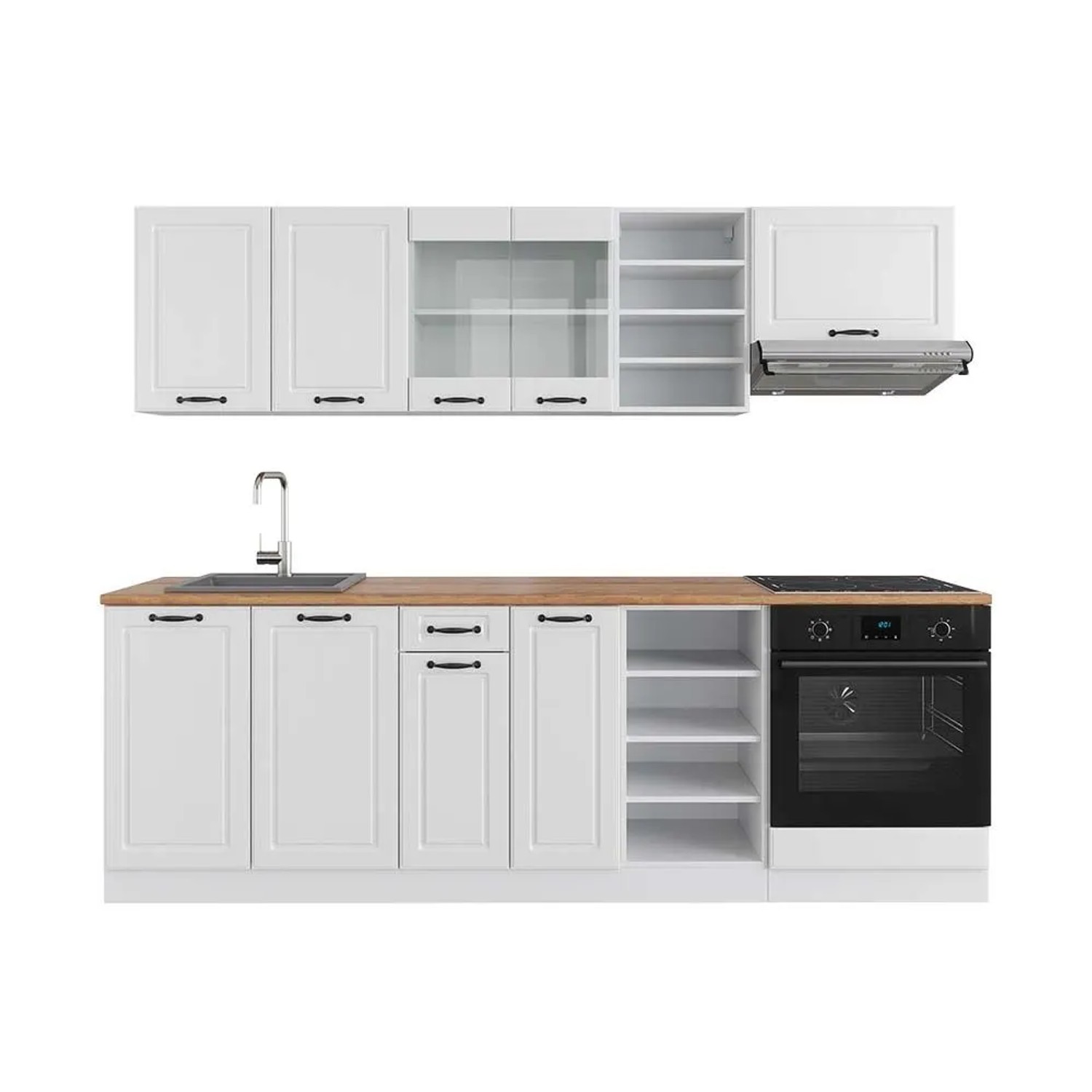 Vicco R-Line Küchenzeile Weiß Landhaus Weiß 240 cm AP Eiche ohne E-Geräte