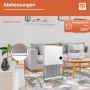 Weißer Kompakt-Konvektor 2200W WiFi mit Maßangaben im Wohnraum. Elektrisches Heizgerät mit digitaler Anzeige.