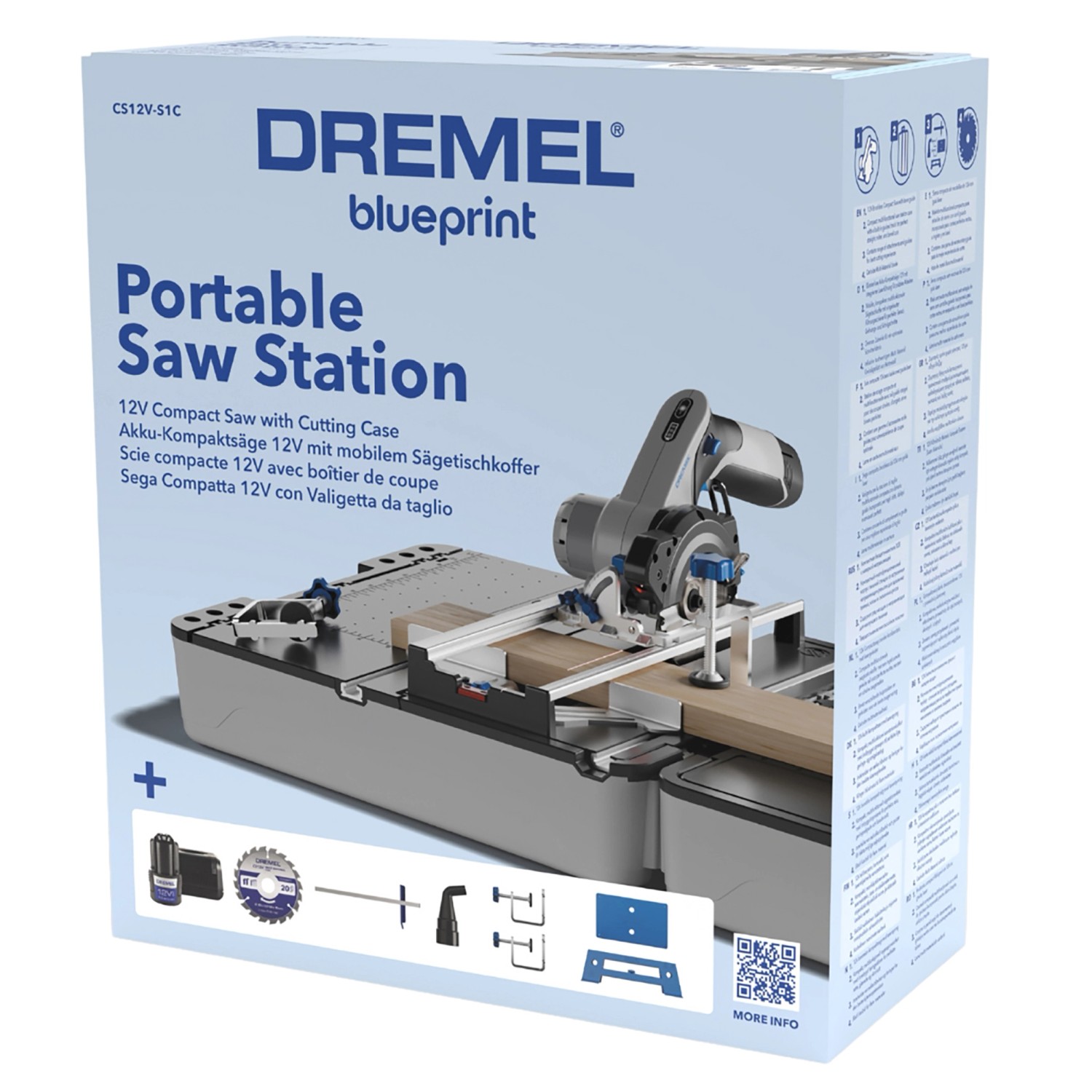 Dremel Mobile-Sägestation CS12V-S1C im Karton mit Zubehör. Kompakte Kreissäge mit Sägetisch-Koffer.