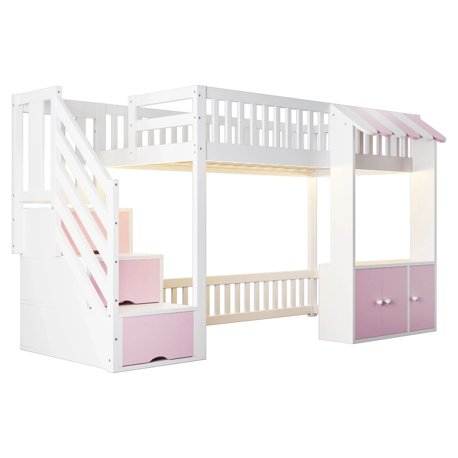 okwish Hochbett 90x200cm mit Stauraumtreppe und LED Leiste Rosa ohne Matratze