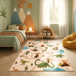 Beiger Kinderteppich (80x150 cm) mit Dinosaurier-Motiv im Kinderzimmer.
