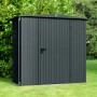 Ecostar Gerätehaus Trend, Satteldach, anthrazitgrau, mit Einzeltür vor grüner Hecke.