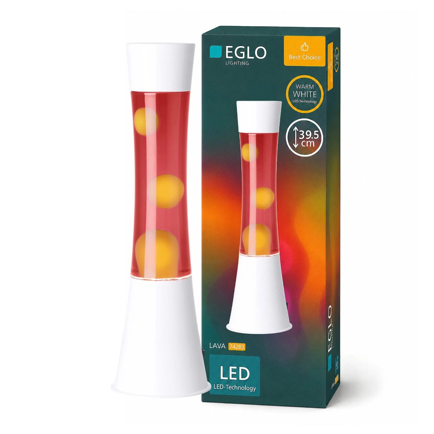 Eglo LED-Lavatischleuchte: moderne Lampe weiß, rote Flüssigkeit, orange Wachs. 39,5 cm hoch.