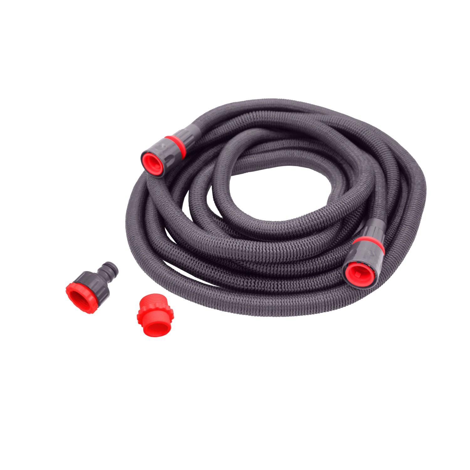 Flexibler Gartenschlauch (16,5m) in Grau/Rot mit Brause und Anschlussstücken.