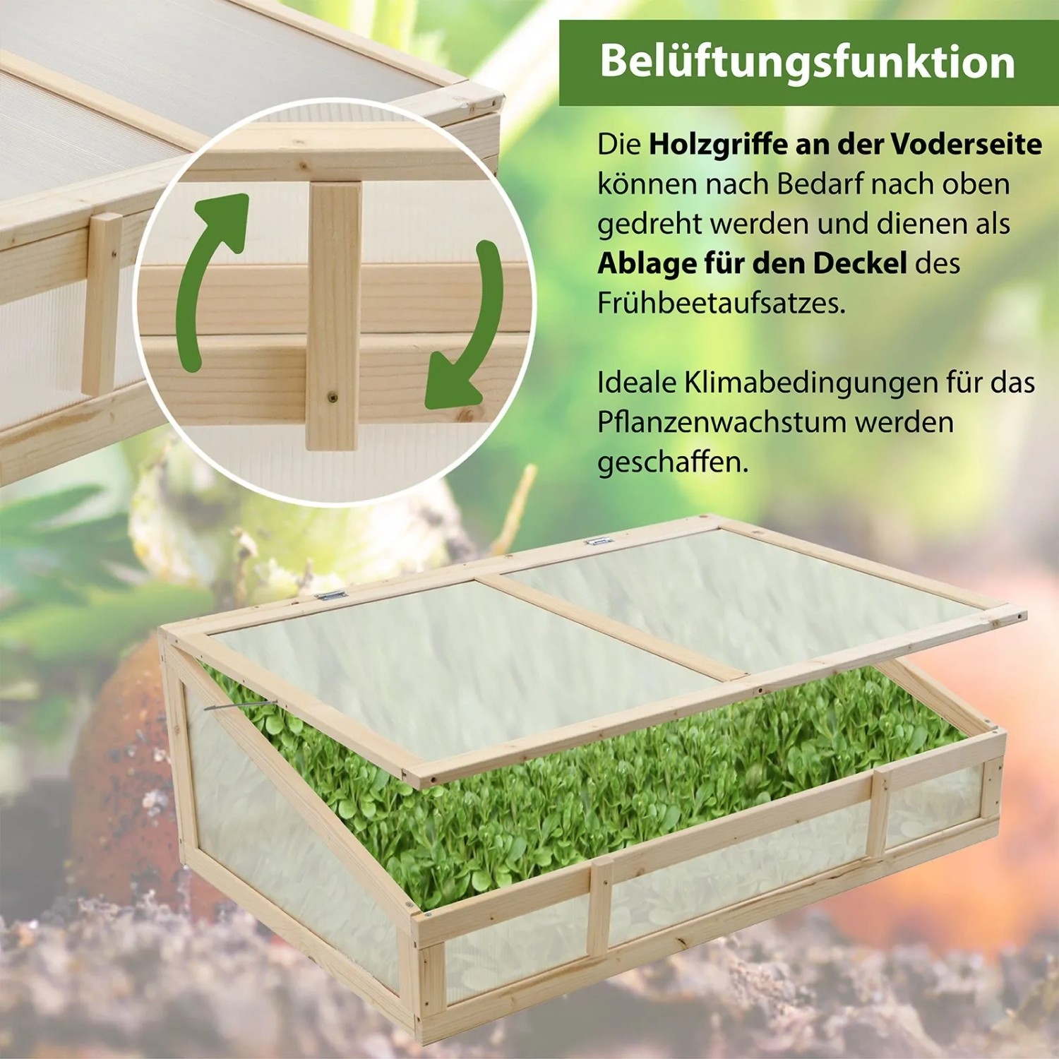 TRUTZHOLM Frühbeetaufsatz aus Holz 120x80cm für Hochbeet, mit Belüftungsfunktion und geöffnetem Deckel.