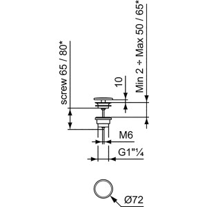 Technische Zeichnung: Ideal Standard Schaftventil, weiß, für Waschtische ohne Überlauf, Anschluss 1 1/4 Zoll.