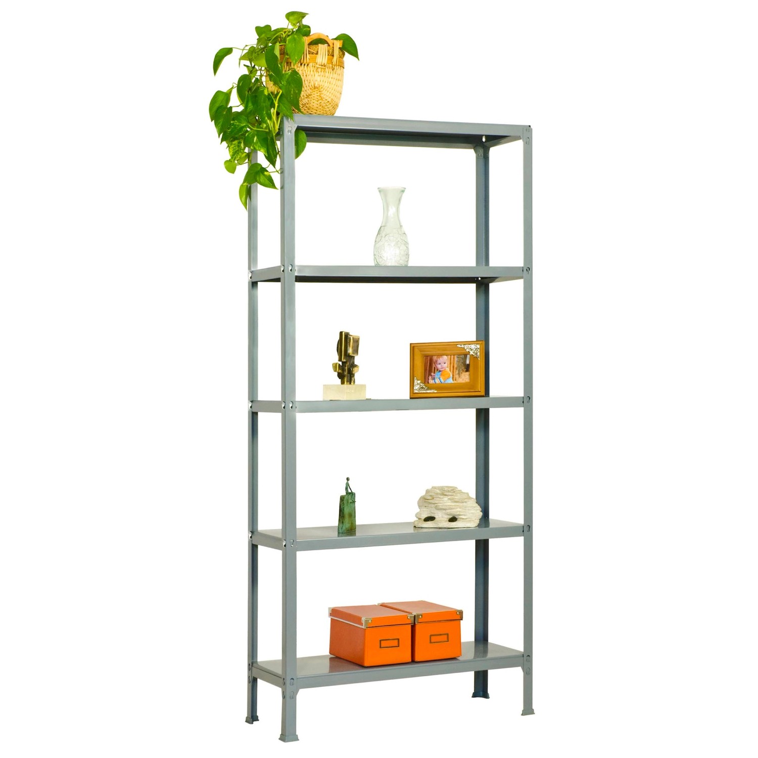 Graues PROREGAL Wohnregal Living Koala mit 5 Böden, beladen mit Deko-Objekten.