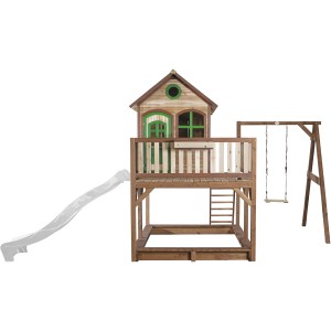 Axi Liam Spielhaus mit Schaukel, Rutsche, Sandkasten aus Holz in Braun, Grün und Weiß.