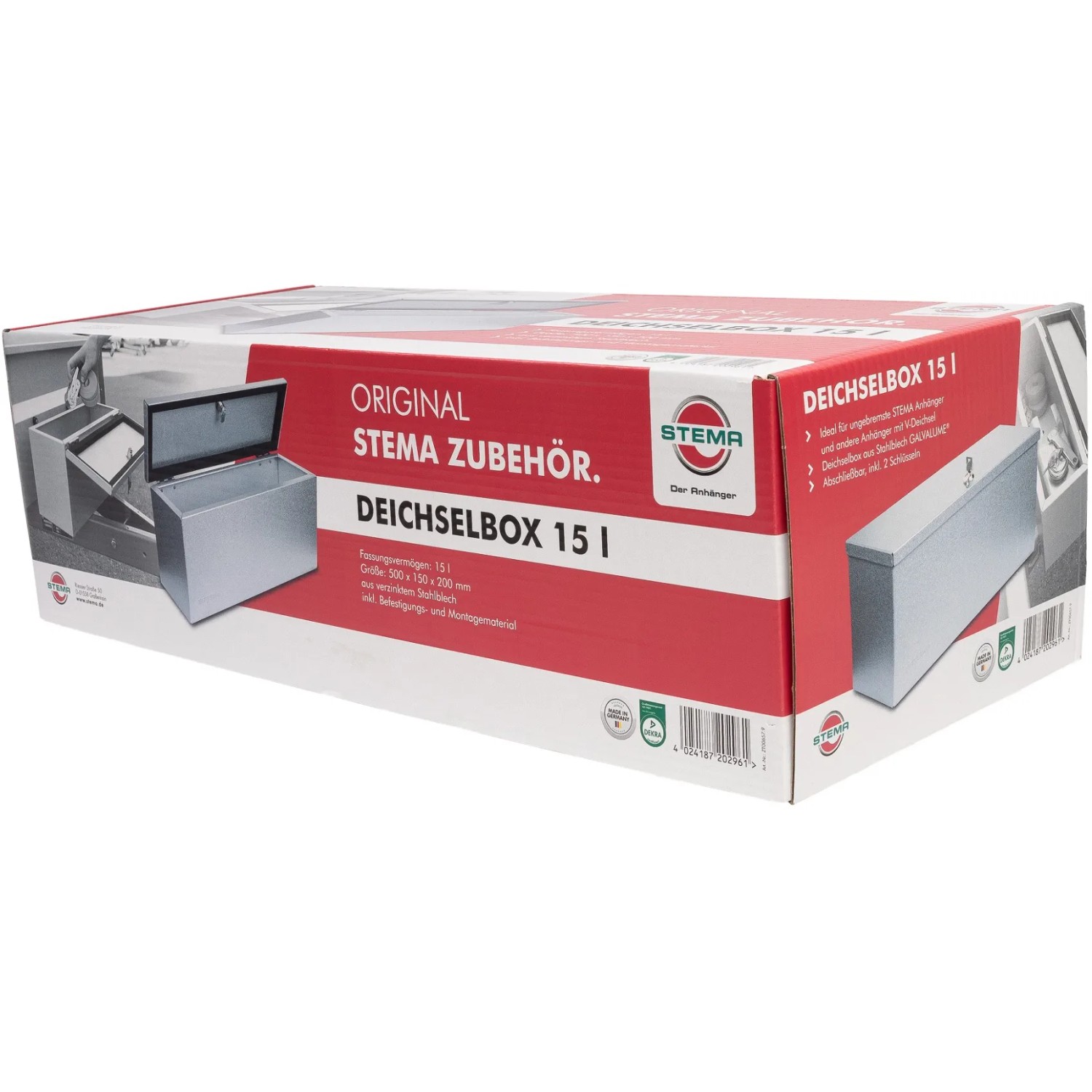 Stema Deichselbox 15L im Karton, Zubehör für Autoanhänger zur Aufbewahrung von Werkzeug und Gurten.