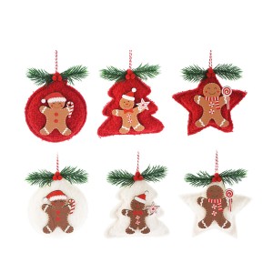 Weihnachtsdeko: 6 Plätzchenanhänger aus Holz, rot-weiß, mit Lebkuchenmann, Stern, Baum und Glocke.