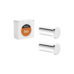 Keuco Handtuchhaken Plan 2er-Set: Zwei glänzende, verchromte Metallhaken neben der Verpackung. Bad.