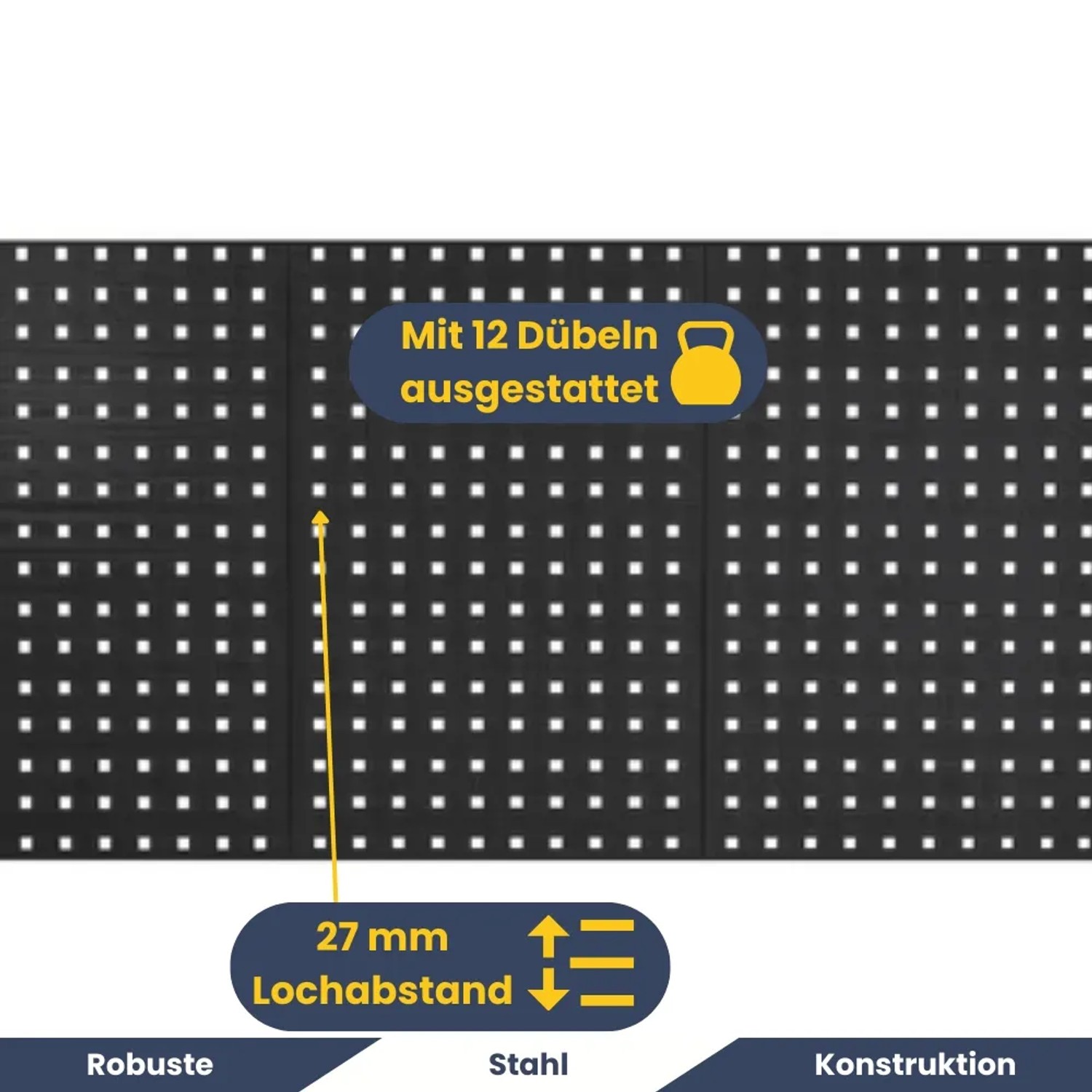 Schwarze DELUKE Werkzeugwand aus Metall mit Lochmuster, 60x120 cm, zur Werkzeugaufbewahrung.