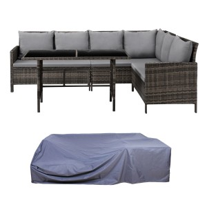 Svita Madison Rattan Lounge Set mit Abdeckhaube, braunes Ecksofa und Tisch mit Glasplatte.