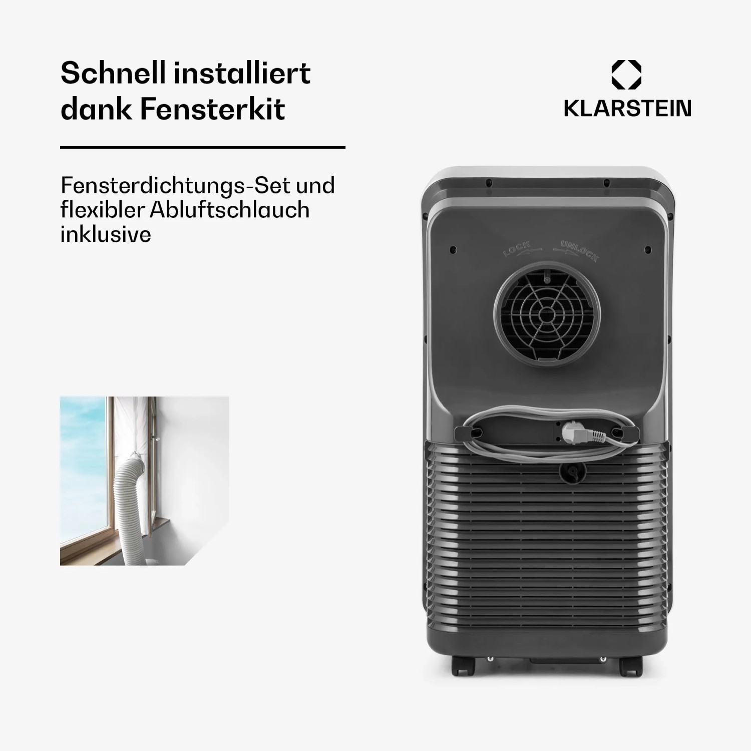 Rückansicht der Klarstein Metrobreeze Klimaanlage mit Abluftschlauch und Fensterabdichtung.