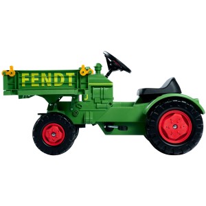 Grüner BIG Kindertraktor Fendt mit Ladefläche und verstellbarem Sitz, Seitenansicht.