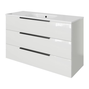 Pelipal Badmöbel-Set Quantum in Schneeweiß Glanz mit 3 Auszügen und Mineralmarmor-Waschtisch.