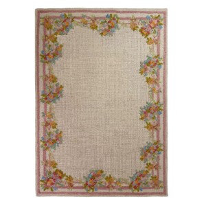 Handgefertigter Flair Rugs Wollteppich Elise Floral Wool, 140x200 cm, beige mit mehrfarbigem Blumenrand.