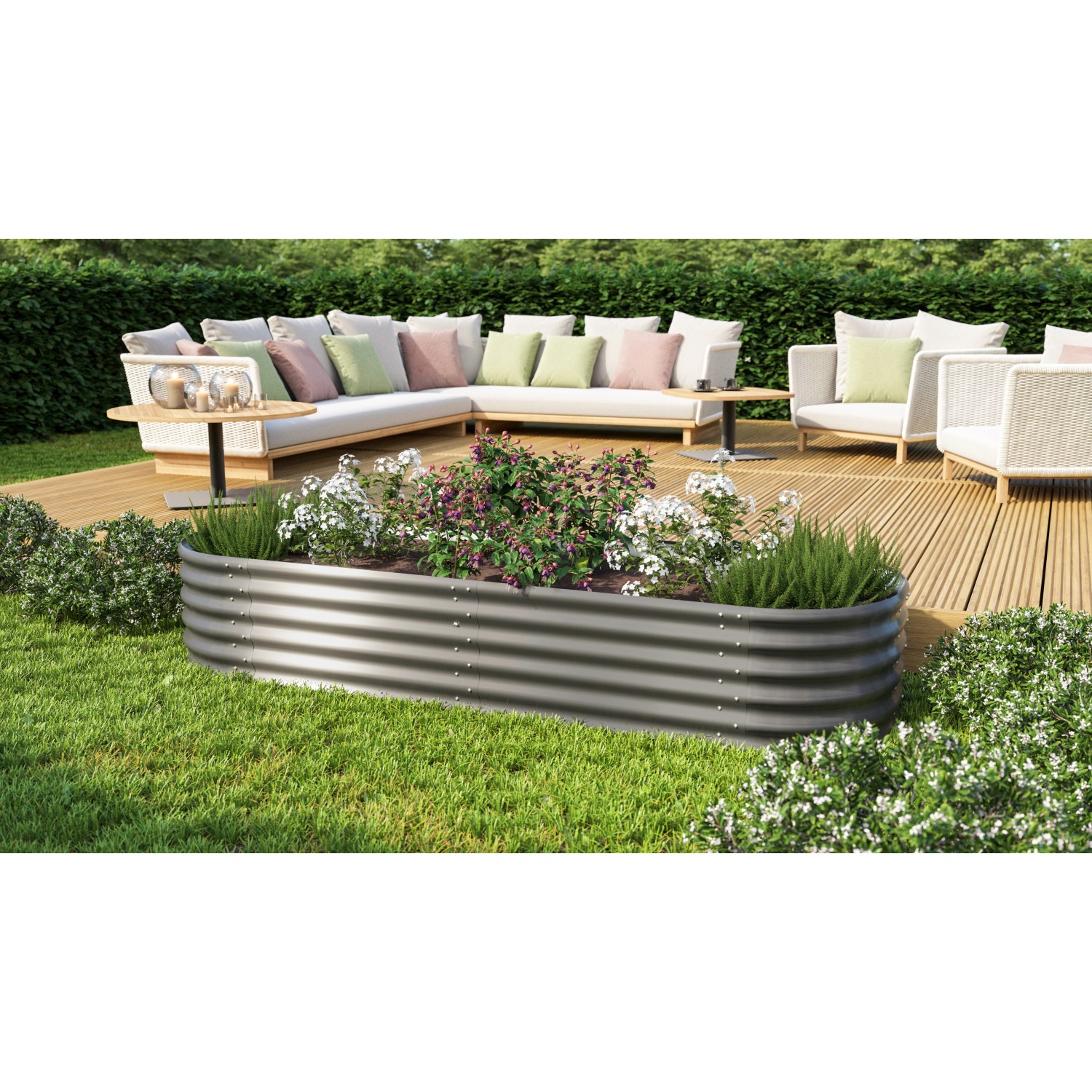 Vitavia Hochbeet Erweiterung stretched 401 Granit, 80x40 cm, bepflanzt im Garten.