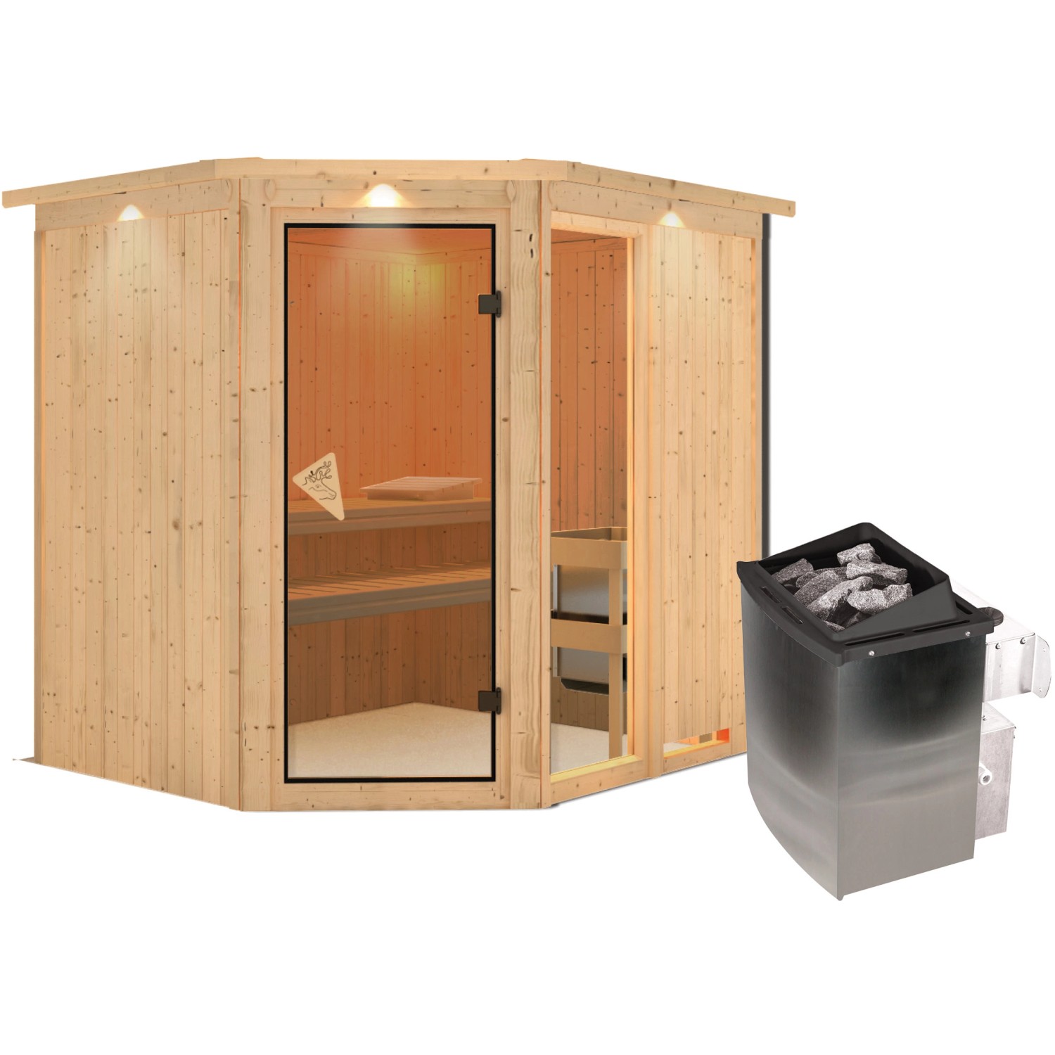 Karibu Sauna Freyja 2 mit Ofen und LED-Dachkranz aus naturbelassenem Holz.