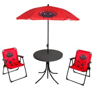 4-tlg. Kinder Campingmöbel Set mit Tisch, Sonnenschirm und 2 Stühlen im Marienkäfer-Design.