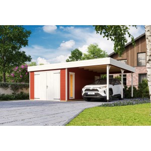 Lasita Maja Holzgarage Bahamas in Schwedenrot mit Holztor und Carport für ein Auto.