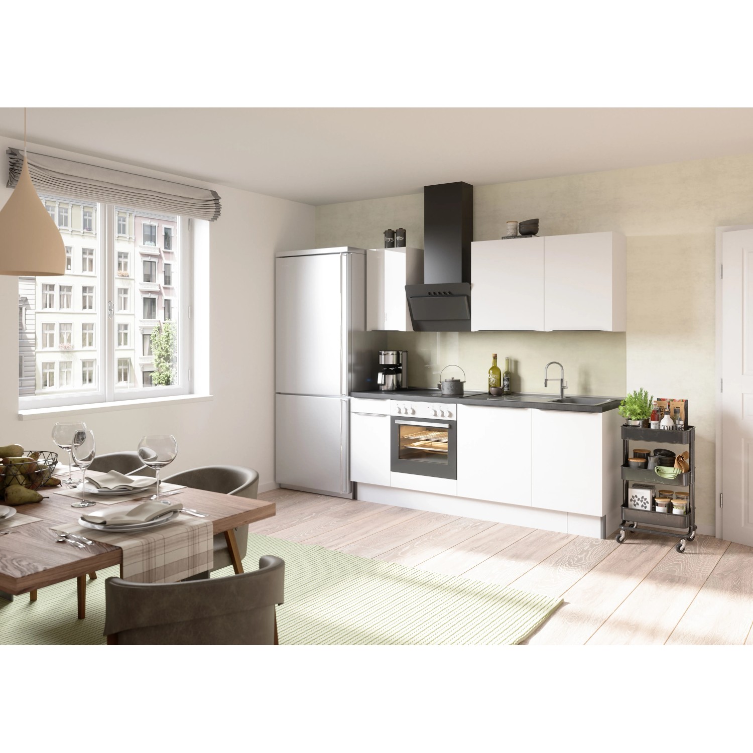 Moderne Optifit Küchenzeile Optikoncept Arvid 210 cm in Weiß mit dunkler Arbeitsplatte.