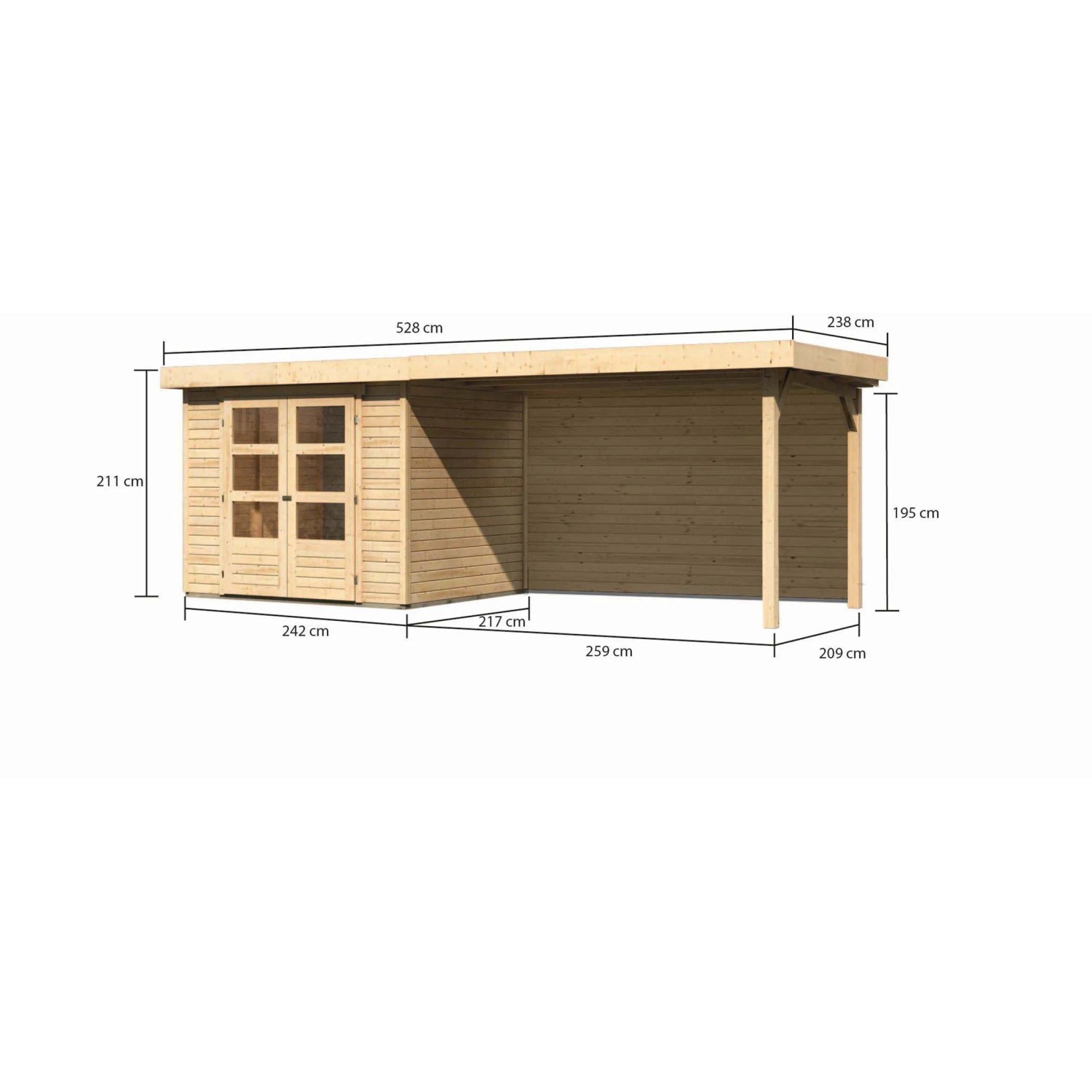 Karibu Holz-Gartenhaus Boras Natur, unbehandelt, mit Flachdach und Anbau, Maße: 238x213 cm.