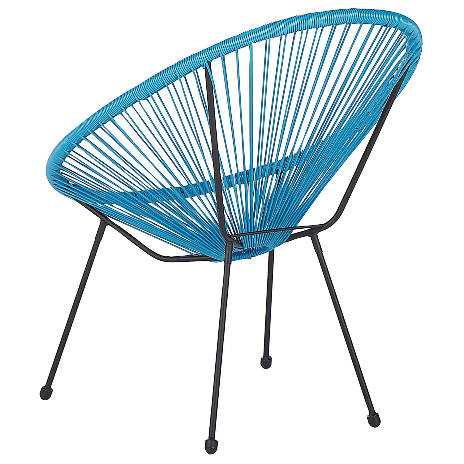 Blauer Cocktailsessel mit schwarzem Stahlgestell, geeignet für Garten und Terrasse.