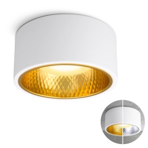 Weiße LED Deckenlampe OLINO mit wechselbarer Front (Gold/Silber), runde Form. Moderner Spot für Wohnzimmer & Flur.