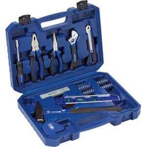 Offener, blauer LUX Werkzeugkoffer Classic, 39-teilig mit Werkzeugen wie Hammer, Zangen, Schraubenschlüssel und Bits.