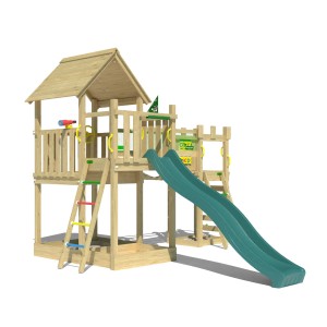 Jungle Gym Spielturm Lookout mit Wackelbrücke, Kletterrampe und Rutsche. Holz natur, Rutsche dunkelgrün.