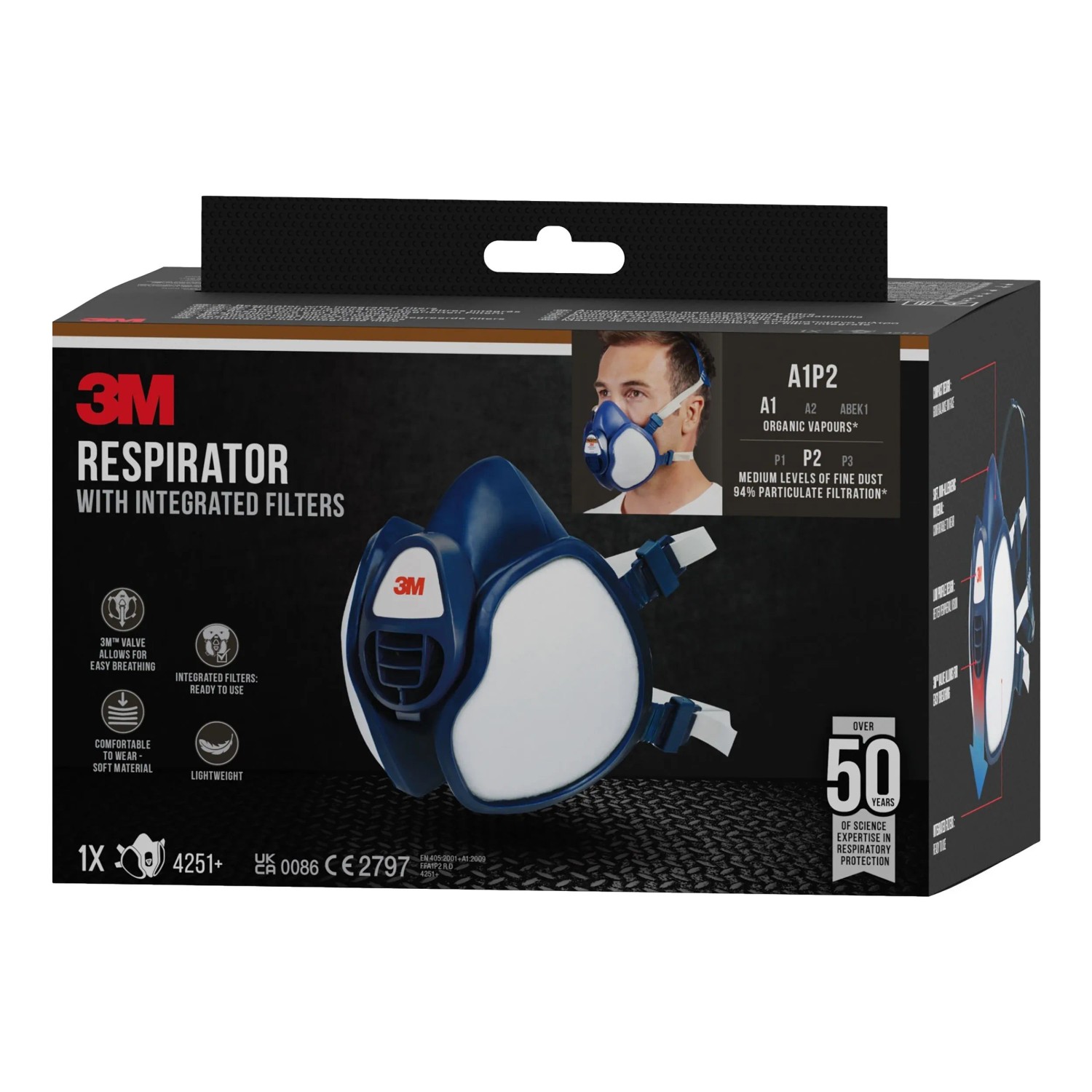 3M Maske 4251+ A1P2, dunkelblaue Atemschutzmaske mit integrierten Filtern für Farbspritzarbeiten.