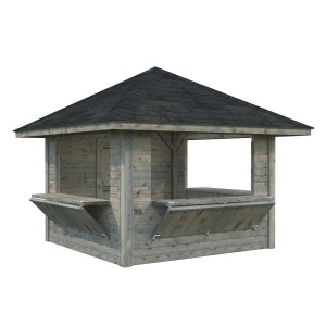 Palmako Marktstand Bianca, grau tauchgrundiert, 300x300 cm, mit Verkaufsklappen und Tür.