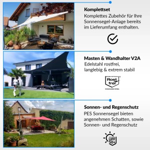 Toldoro Sonnensegel Komplettset in Anthrazit mit Befestigungsmaterial, Mast und Zubehör für UV-Schutz.