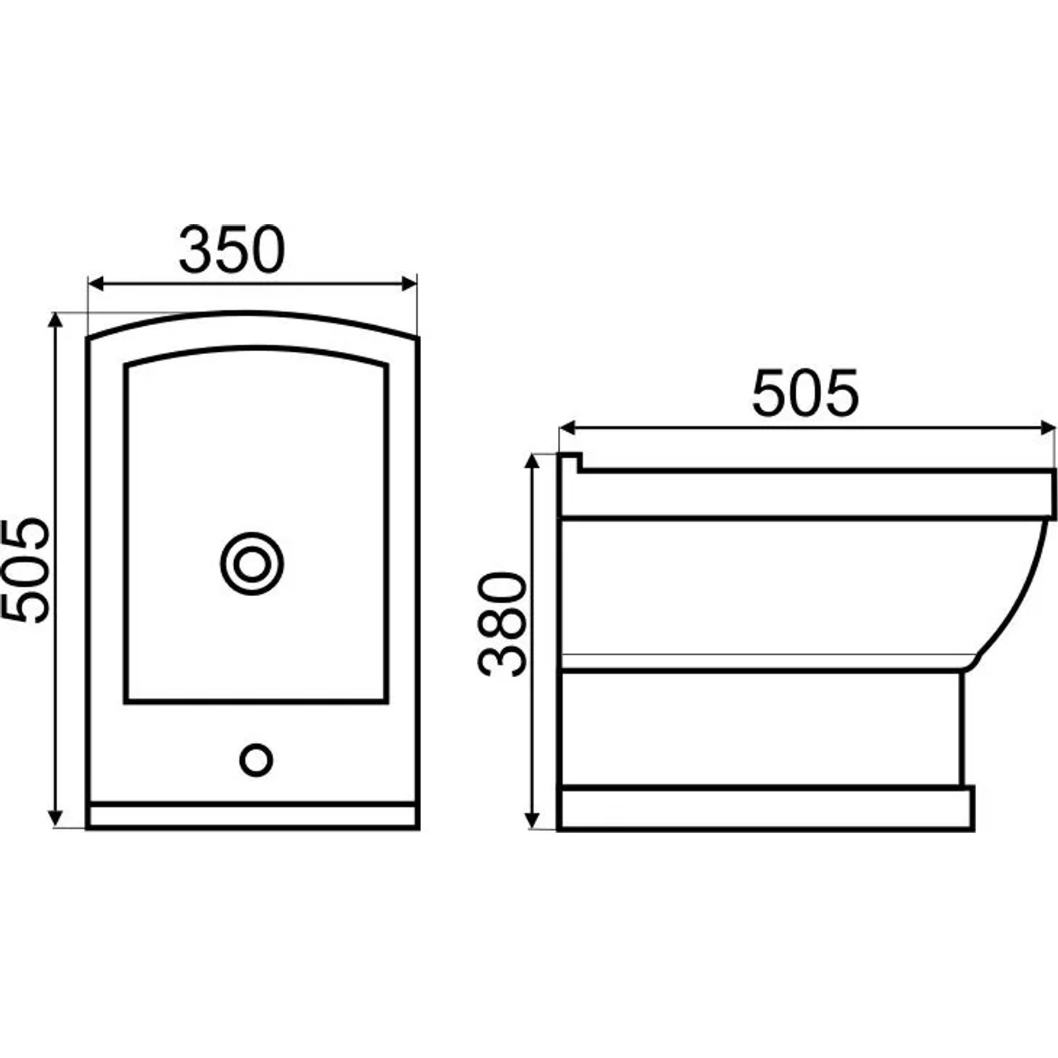 Technische Zeichnung Kerra Wandbidet Kleopatra 15. Front- und Seitenansicht mit Maßen: 350x505x505 mm.