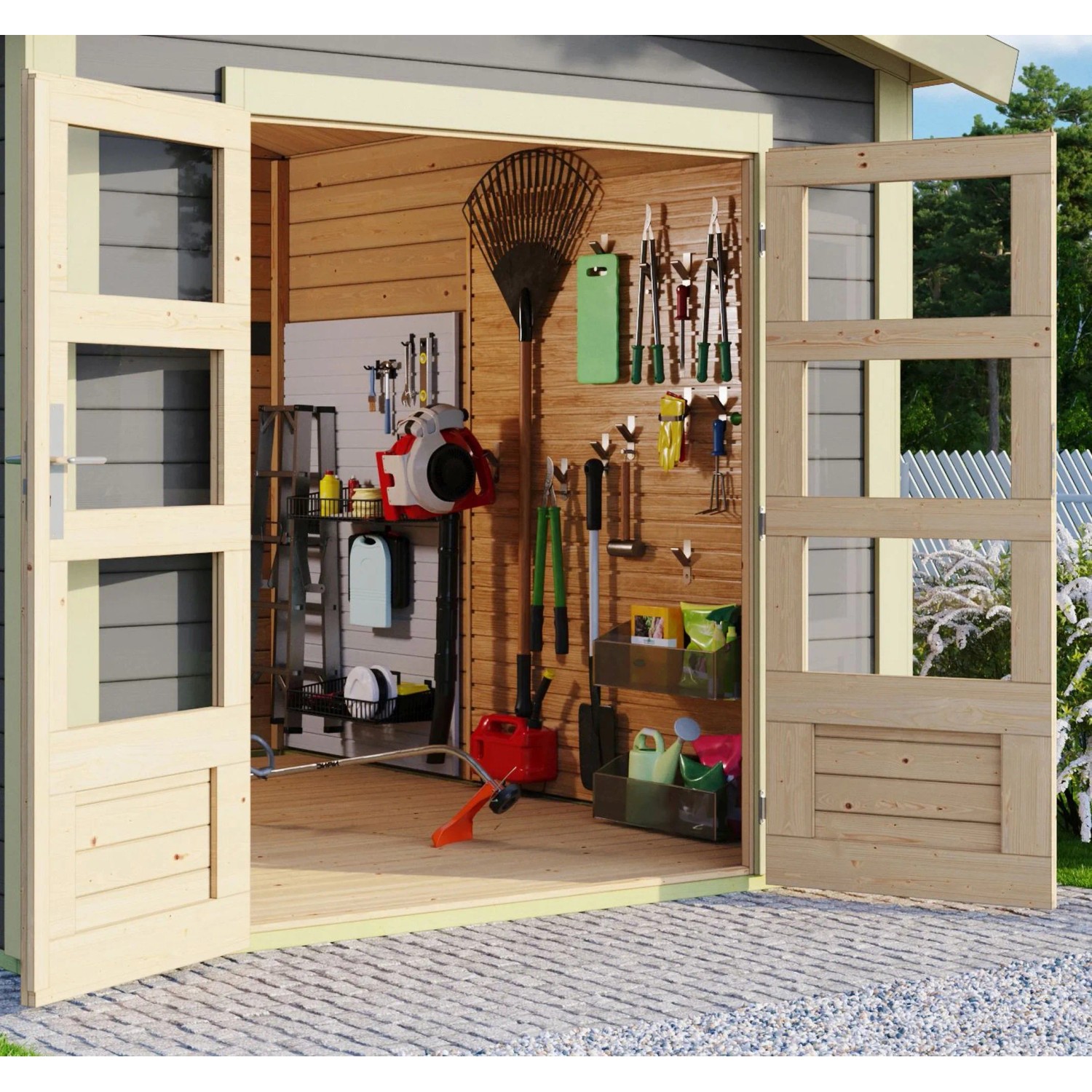 Offenes, terragraues Karibu Holz-Gartenhaus Timra mit Satteldach und Gartengeräten.