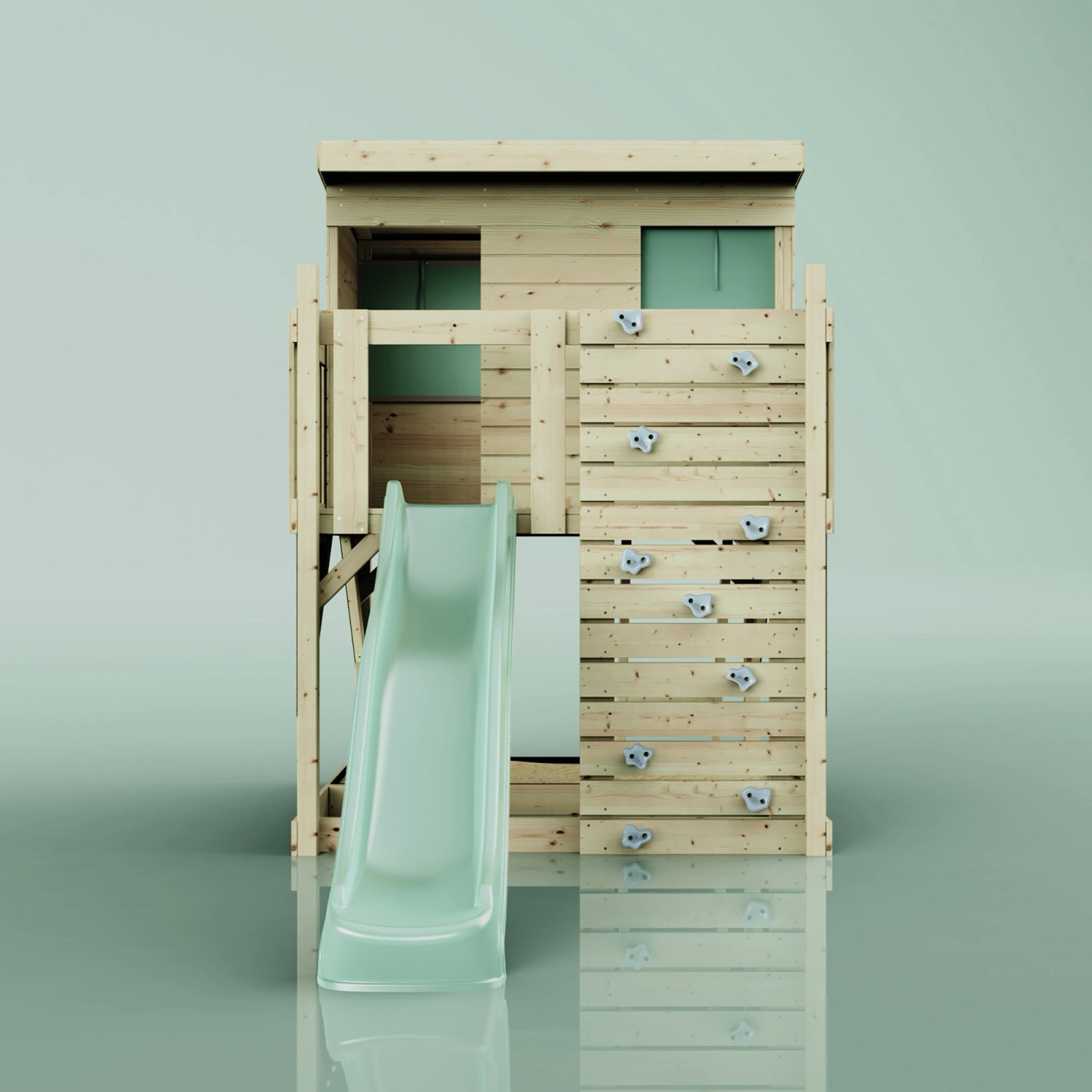 PolarPlay Stelzenhaus Polarstern in Mintgrün mit Rutsche und Kletterwand.