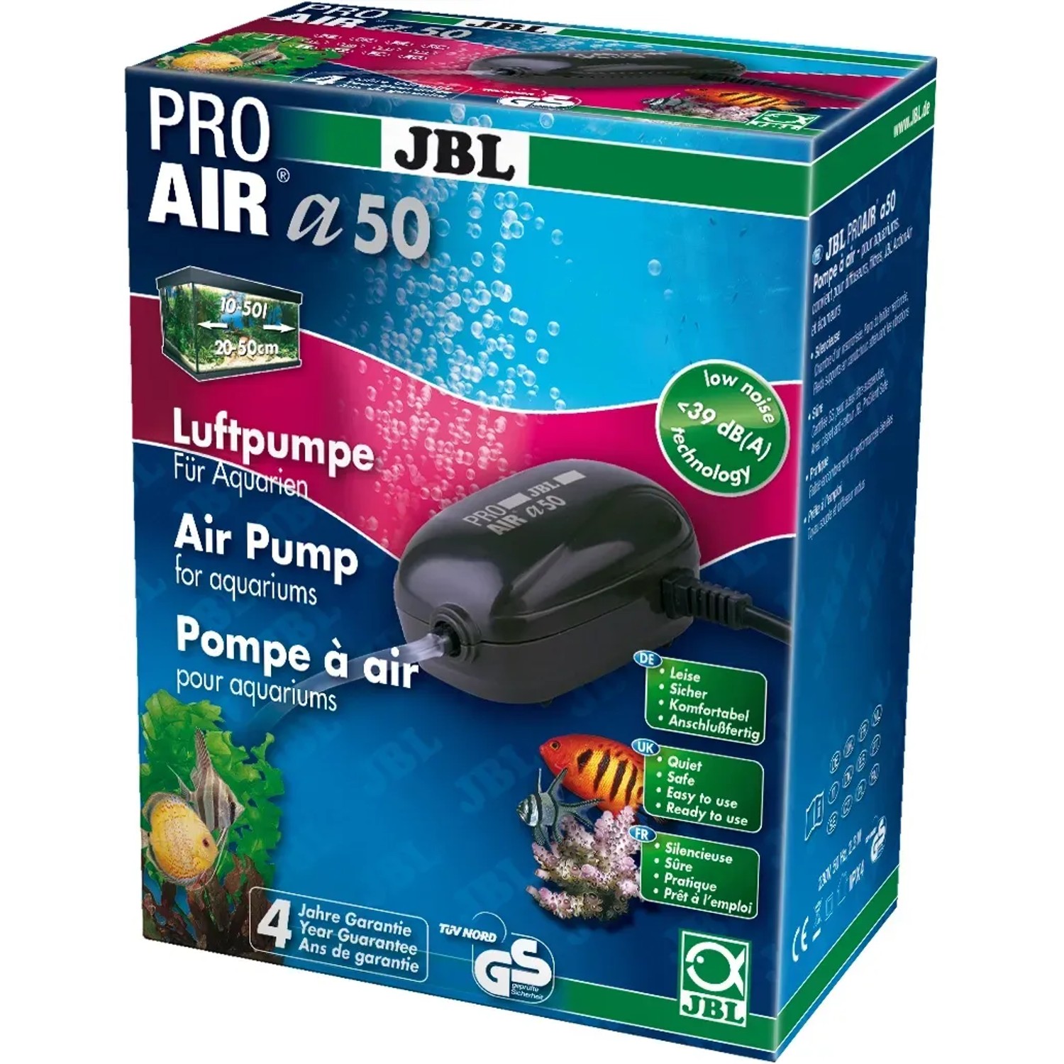 JBL ProAir a50 Aquarium-Luftpumpe im Karton, sorgt für Sauerstoff im Aquarium.